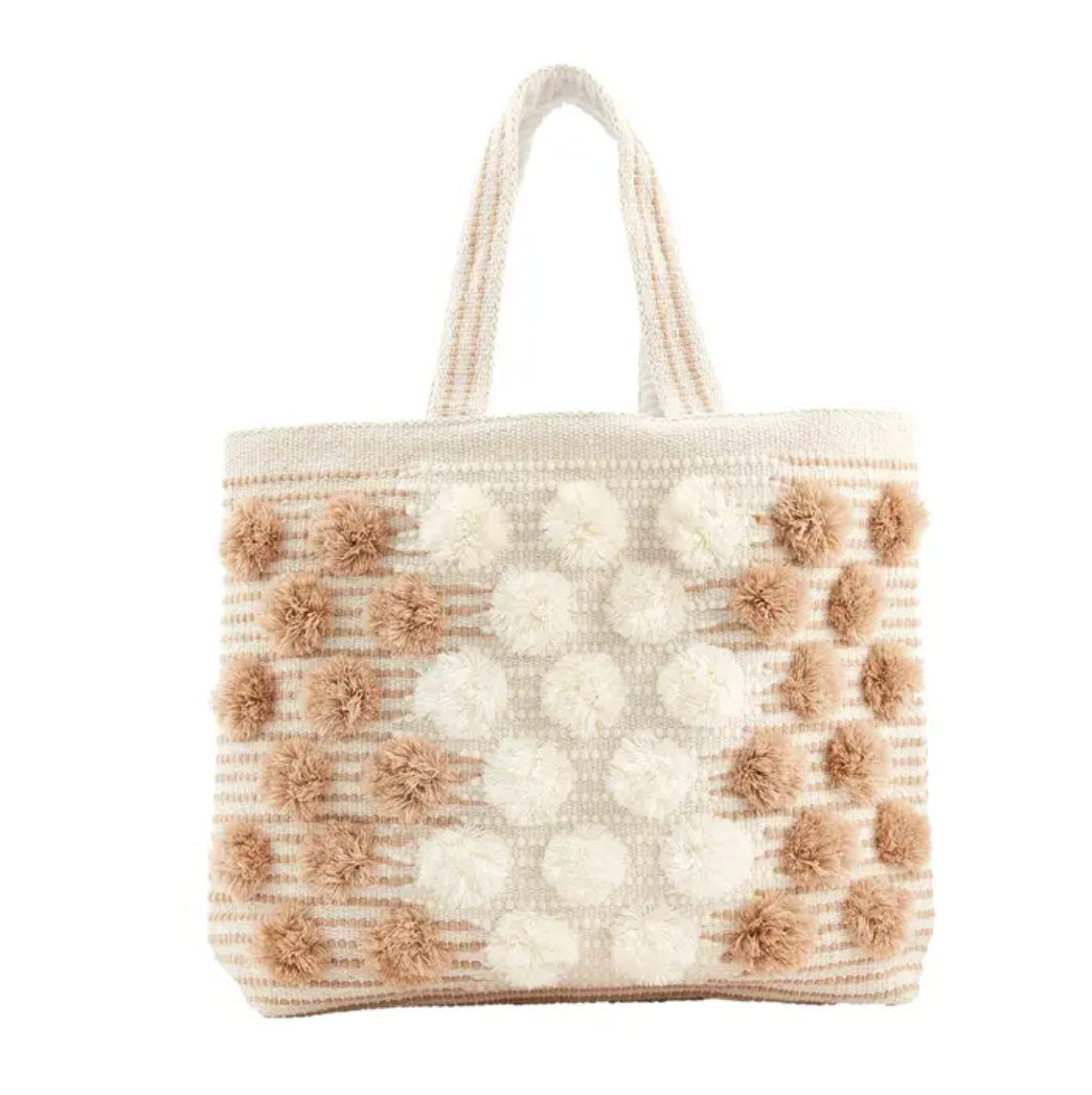 Handloom Pom Tote Bag - Cream
