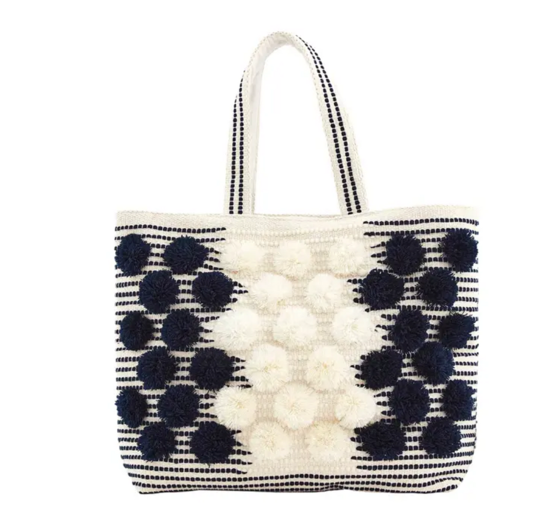 Handloom Pom Tote Bag - Navy