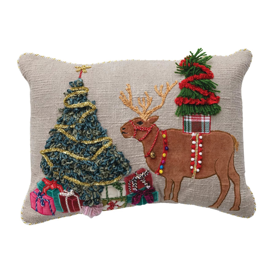 Reindeer & Christmas Tree Applique Lumbar Pillow
