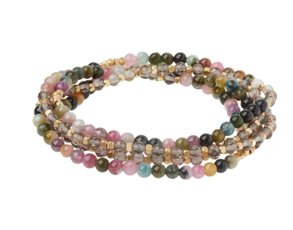 Stone Duo Wrap Bracelet/Necklace/Pin - Tourmaline & Smoky Quartz